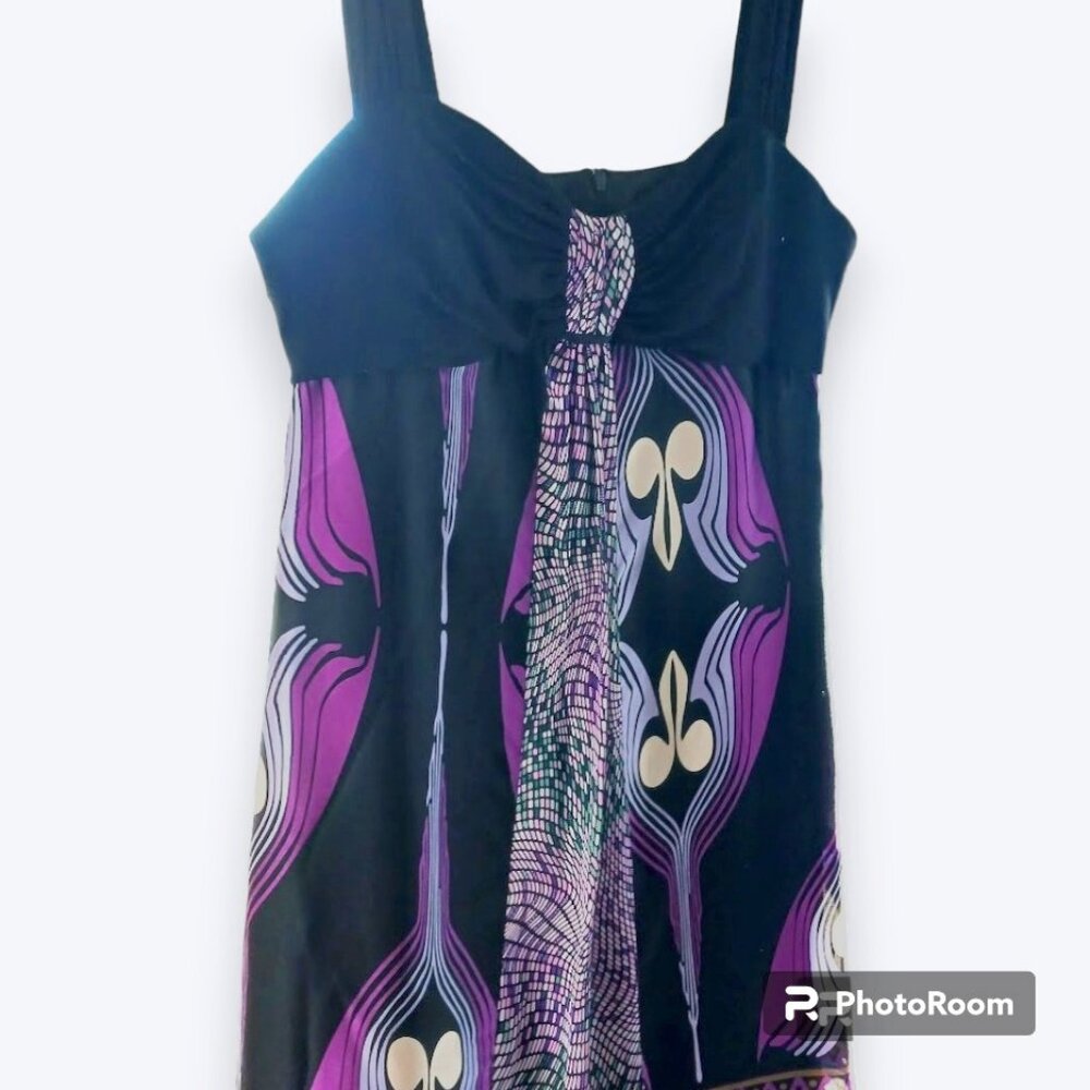 Black Purple Lavender Print Single Cocktail Party Disco Art Dress Womens Large
